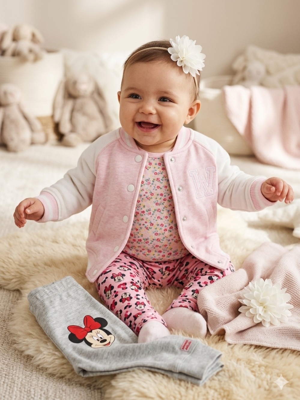 NWOT H&M Baby Girl 4pc Bundle Pink Varsity Jacket & Minnie Mouse Set  2-6mos